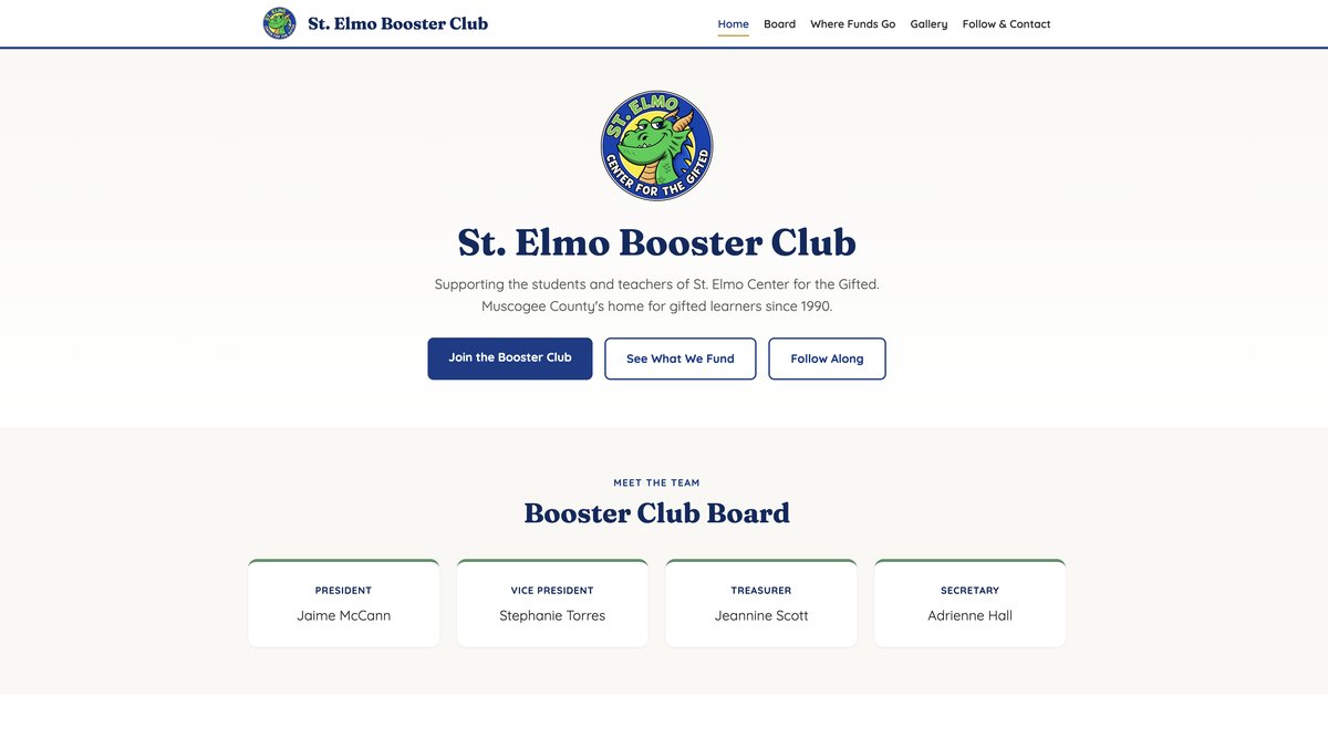 Screenshot of the St. Elmo Booster Club website homepage